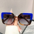 Square oversized sunglasses featuring blue and tortoiseshell patchwork frames and gray lenses - Deep Blue Leopard Frame Double Grey Lens