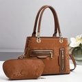 Brown snakeskin embossed Boston handbag set with gold hardware and stylish flower decor - Khaki/Earth Yellow