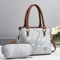 Silver python texture Boston bag with brown handles and a matching long wallet - Silver