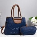 Fashionable dark blue snakeskin embossed tote bag with brown leather accents and small pouch - Blue