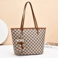 Borsa tote a scacchi con finiture in pelle marrone e portamonete coordinato in set da 2 - Cachi Fantasia