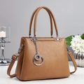 Sac à main premium en cuir caramel avec compartiments et détail de chaîne argentée - Khaki Foncé