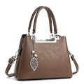 Minimalist large brown leather tote bag with silver leaf charm and adjustable strap - Coffee