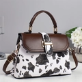 Chic cow print handbag with brown flap and gold hardware for women summer style - Black
