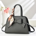 Dark grey pebble leather handbag with bow detail and fashion silk scarf handle - Gray