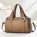Brown lychee leather bowling bag with gold logo and wide handles on white background - Khaki