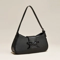 Elegante bolso de hombro negro con lazo y textura de cuero vintage agrietado - Negro