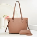 Close-up of pink litchi grain leather tote bag with matching semi-circle coin purse set - Pink