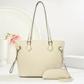 Two-piece set of beige lychee grain leather tote bag and matching semi-circle pouch - Off-white