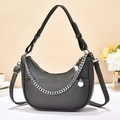 Minimalist black lychee leather crescent bag with silver chain and adjustable shoulder strap - Gray