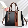 Elegant tri-color patchwork handbag with top handles and adjustable shoulder strap - Black Patchwork