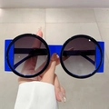 Oversized contrast color round sunglasses with bright blue and black frames and gradient lenses - Black Blue Frame Dual Grey Lens