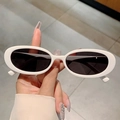 Gafas de sol ovaladas blancas retro con lentes oscuras sostenidas para escala - Montura Blanca Lente Gris