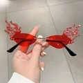 Occhiali da sole rossi a forma di fiamma senza montatura con strass scintillanti moda - Lenti rosse con cristalli rossi e bianchi