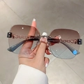 Detail of rimless gradient sunglasses with rose gold metal chain arms and rhinestones - Tea Blue