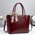 Minimalist burgundy tote bag in smooth PU leather with silk scarf and silver hardware - Burgundy