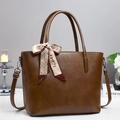 Brown leather tote bag with decorative silk scarf and adjustable strap for women - Brown