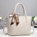 Elegant cream PU leather tote bag with decorative silk scarf and detachable shoulder strap - Off White