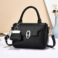 Vintage black lychee leather crossbody square bag with silver lock and mini charm - Black