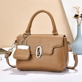 Caramel brown pebbled leather satchel with silver oval lock and matching mini charm - Khaki