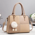 Minimalist beige large capacity tote bag with diamond knit pattern and plush charm - Khaki