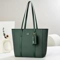 Dark green woven tote bag with matching coin purse and gold metal hardware for women - Green