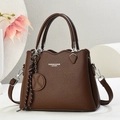 Deep brown litchi pattern leather handbag with double handles and a detachable shoulder strap - Coffee