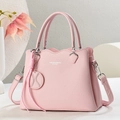 Elegant pink lychee leather handbag with wave top handle and detachable strap for women - Pink