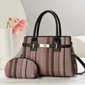 Striped woven handbag set with large tote and round coin purse in brown and beige tones - Coffee