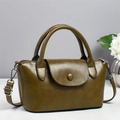 Sac boulette en cuir vert olive avec poignées rondes et bandoulière amovible - Vert