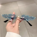 Blue flame shaped rimless sunglasses with rhinestone trim and gold metal bridge - Blue Lens with Blue and White Rhinestones