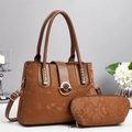 Large brown snakeskin tote bag with matching pouch and gold hardware on grey background - Khaki/Earth Yellow