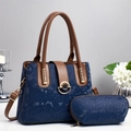 Blue snake skin texture tote bag with brown straps and matching small pouch - Blue