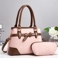Pink snakeskin pattern handbag set with brown trim and bow decoration for women - Pink