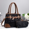 Black snake pattern large tote and small pouch set with brown leather bow and strap - Black
