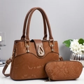 Brown snakeskin texture handbag set with elegant gold hardware and matching pouch - Earthy Yellow
