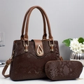 Dark brown snake-patterned handbag set with elegant gold teardrop hardware and strap - Coffee