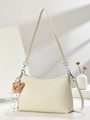 Off-white lychee texture leather shoulder bag with cute brown bear plush pendant charm - Off White