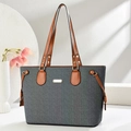Chic chevron pattern canvas tote bag with brown leather handles for stylish daily commute - Black