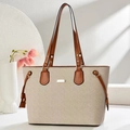 Elegant beige canvas tote bag with V-weave texture and brown leather trim for women - Khaki
