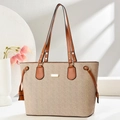 Chic large capacity beige woven tote bag with brown leather trim for women - Apricot