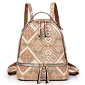 Ethnic woven backpack with geometric diamond patterns and brown straps on white background - Khaki