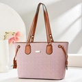 Pink and white herringbone canvas tote bag with brown leather handles and gold metal plate - Pink