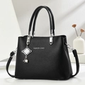 Fashionable black lychee textured women's tote bag with adjustable shoulder strap - Black