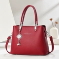 Chic red litchi texture tote bag with silver hardware and adjustable strap for women - Wine Red
