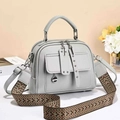 Grey soft leather handbag with dual zippers and a patterned embroidery shoulder strap - Misty Blue