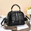 Classic black leather satchel bag with stylish wide patterned shoulder strap and silver zippers - Black