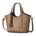 Sac seau marron texture litchi avec breloque à pompon et bandoulière réglable - Khaki Foncé