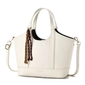 White lychee pattern leather bucket bag with top handles and a brown woven charm - Off-white