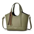 Olive green lychee pattern leather bucket bag with top handles and adjustable strap - Green